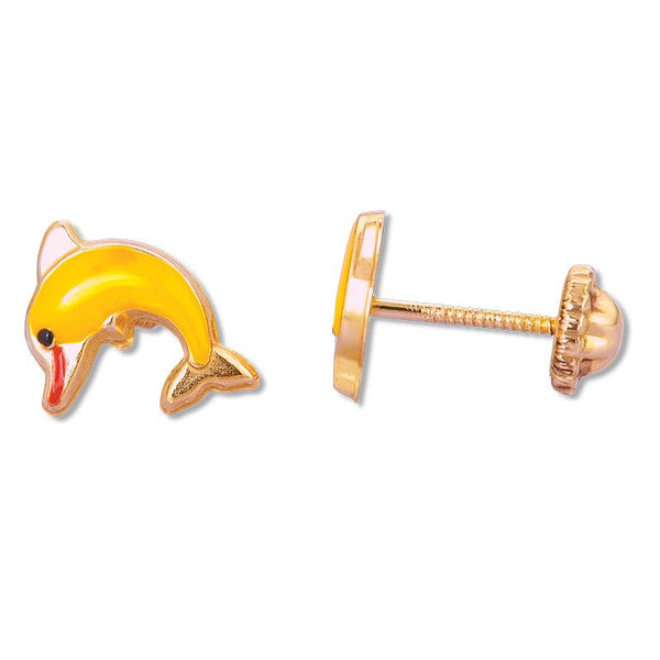 14K Gold Yellow Enamel Dolphin Screwback Stud Earrings