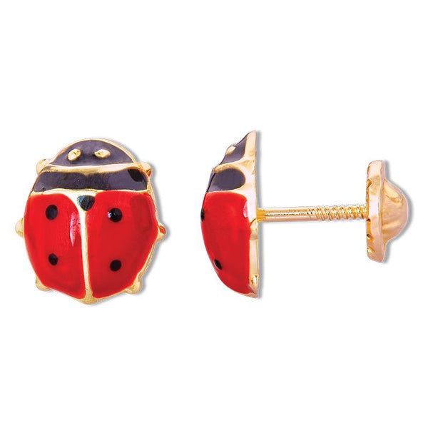 14K Gold Baby Enamel Ladybug Screwback Stud Earring
