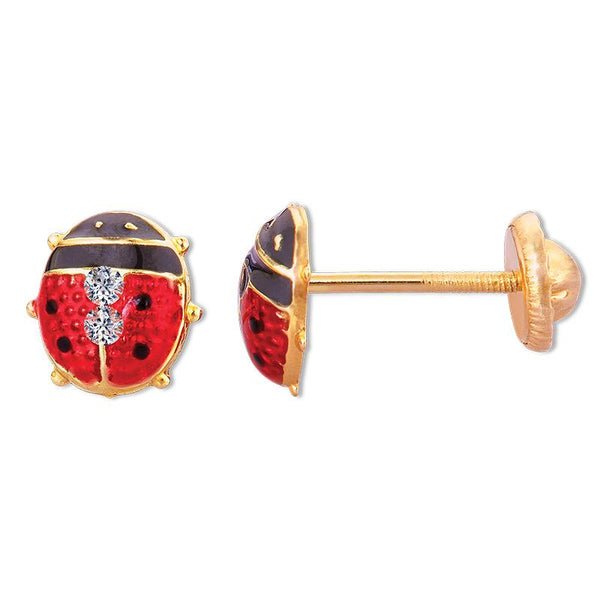 14K Yellow Gold Red and Black Enamel CZ Baby Ladybug Stud Earrings