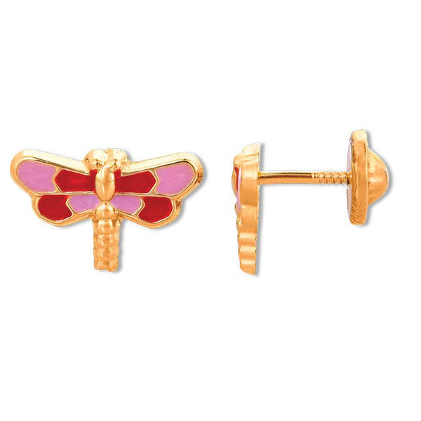 14K Yellow Gold Pink and Red Enamel Firefly Screwback Stud Earrings