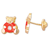 14K Yellow Gold Red Enamel Baby Teddy Bear CZ Stud Earrings
