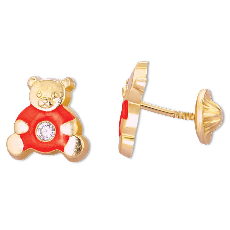 14K Yellow Gold Red Enamel Baby Teddy Bear CZ Stud Earrings