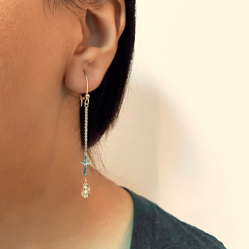 TRI-COLOR CROSS AND OVAL GUADALUPE DANGLING EARRINGS