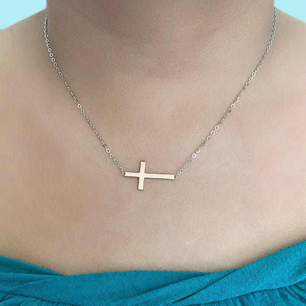 Sideways Cross Necklace in two tone