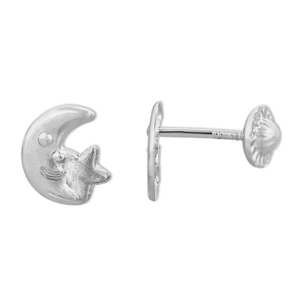 14K White Gold Moon and Star Stud Earrings