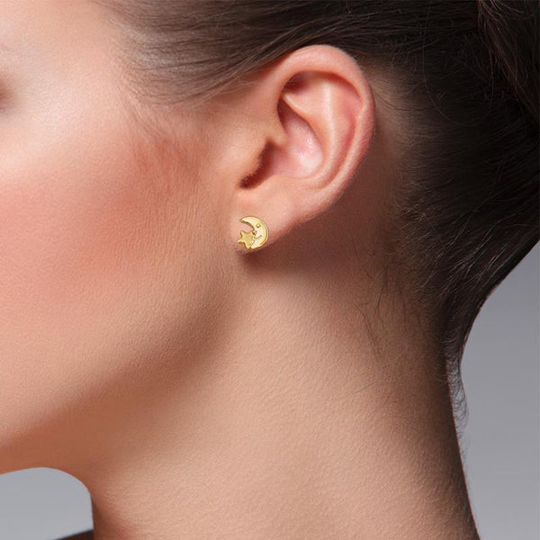 14K Yellow Gold Moon and Star Stud Earrings