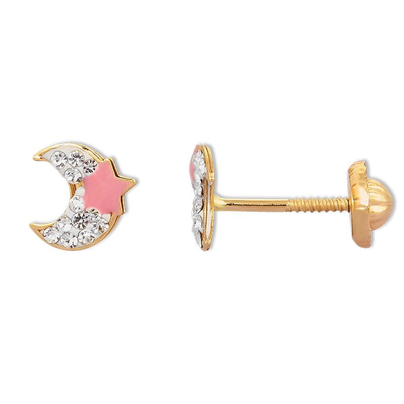 14K Gold Moon and Star Pink Enamel Stud Earrings