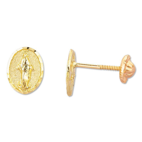 14K Yellow Gold Religious Virgin Mary Screwback Earrings