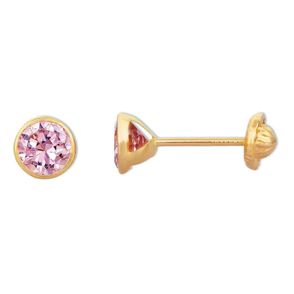14K Yellow Gold Round Light Pink CZ Screwback Stud Earrings