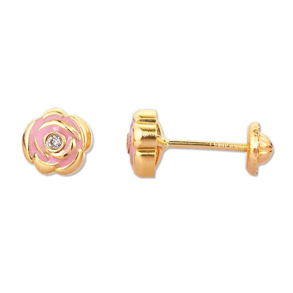 14K Yellow Gold Pink Enamel Rose Shaped CZ Stud Earrings