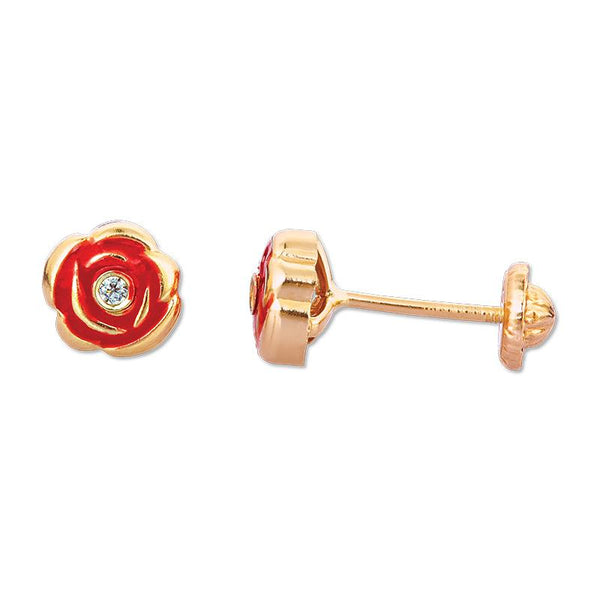 14K Yellow Gold Red Rose Enamel CZ Stud Earrings