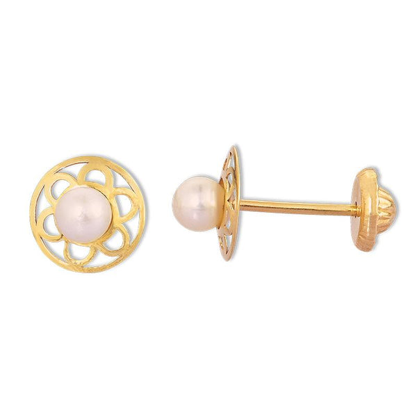 14K Yellow Gold Cultured Pearl Round Filigree Stud Earrings