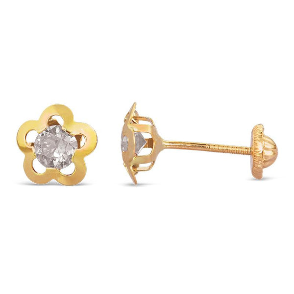 14K Yellow Gold CZ Flower Screwback Earrings