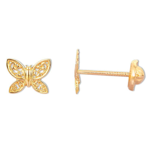 14K Yellow Gold Butterfly Filigree Stud Screwback Earrings