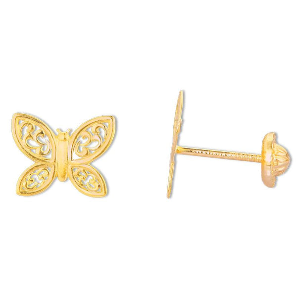 14K Yellow Gold Butterfly Filigree Stud Screwback Earring