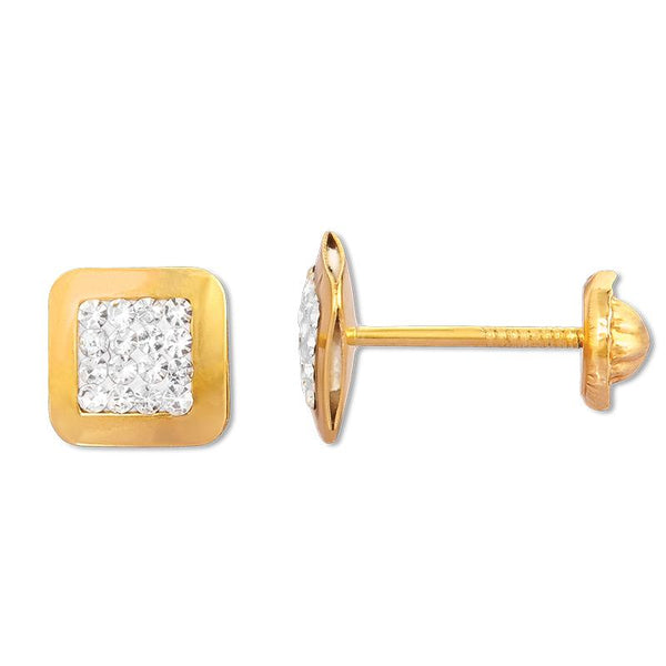 14K Yellow Gold Fancy CZ Square Stud Screwback Earring