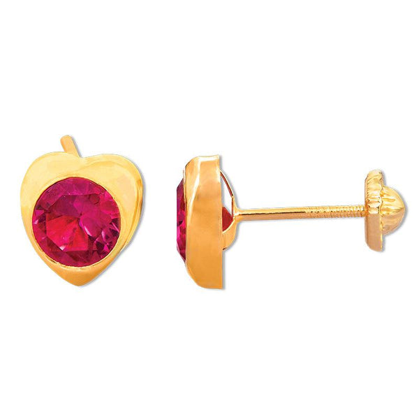 14K Yellow Gold Fancy CZ Dark Pink Heart Stud Screwback Earring