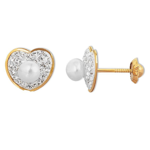 14K Gold Fancy CZ  & Pearl Heart Screwback Earrings