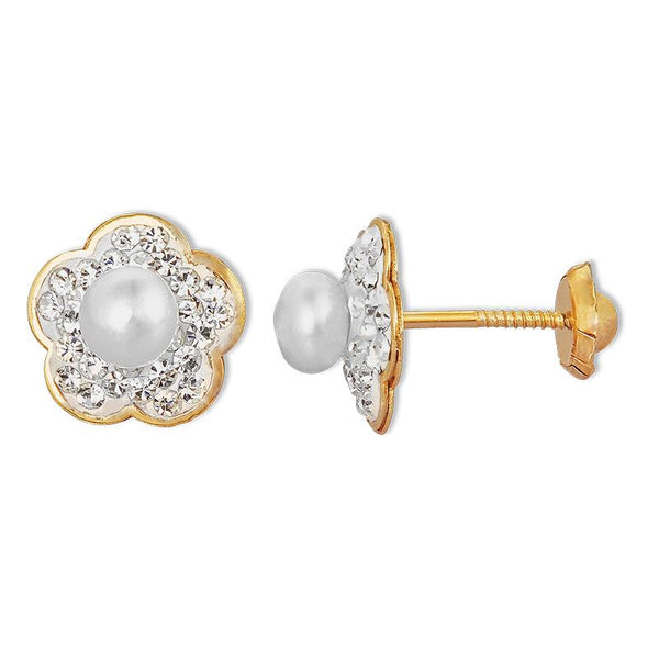 14K Yellow Gold Floral CZ Fresh Water Pearl Screwback Stud Earring for Children - 1mm (Center Stone), 9mm (Whole PiecE)